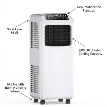 9000 BTU Portable Air Conditioner with Built-in Dehumidifier and Remote Control